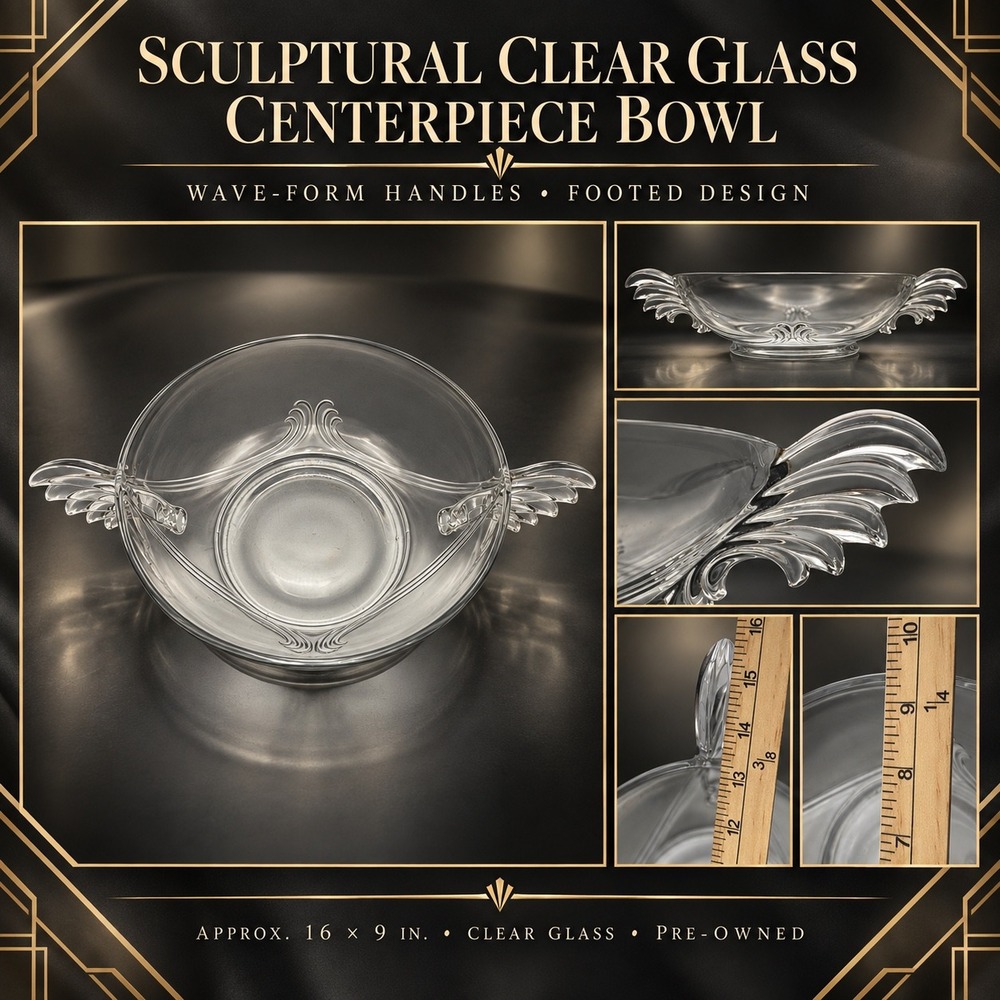 Art Deco Style Sculptural Clear Glass Centerpiece Bowl Wave Handles 16x9 Footed